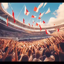 people waving red and white flags at a sporting event