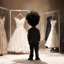a young boy standing in front of a mirror next to dresses