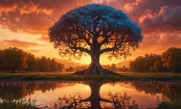 this is a photograph of an old tree that is surrounded by some land,the sun sets behind a tree next to a lake