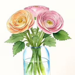 a watercolor sketch or painting of three pink flowers in a jar,an artistic image of watercolors of three roses in a glass vase
