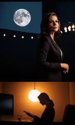 a woman and man in the dark looking at a camera