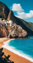a beach and ocean with houses on the cliffs