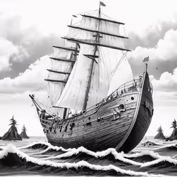 black and white drawing of a pirate ship in rough sea