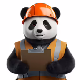 a panda wearing an orange construction hat and holding a clip board