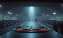 a futuristic looking walkway with people walking through it