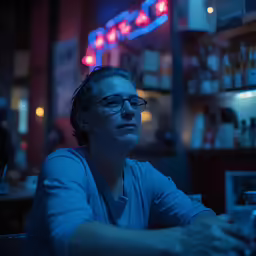 man in glasses at bar looking up and waiting for order