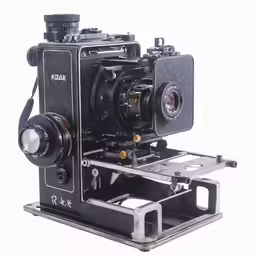 the old style camera is mounted on a stand