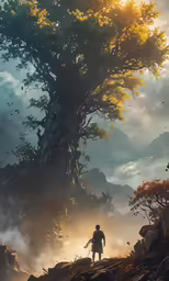man standing in front of a tree that looks like a monster