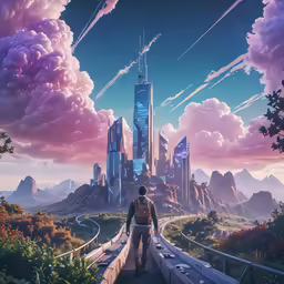 a person standing on a bridge looking at some strange buildings