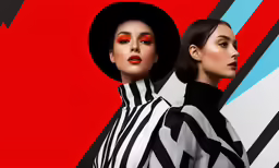 a couple of women with black hats and stripped outfits