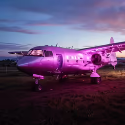 a pink airplane sits on a dark airfield