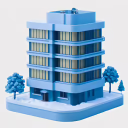 a blue building with trees, bushes and a water fountain