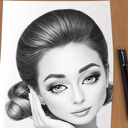 a drawing of a woman with long hair and a high bun