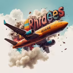 an airplane in the air with a sign on it