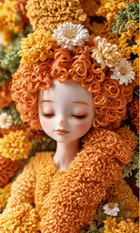 a doll sitting on top of a pile of flowers