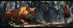 the cat is walking past the princess and knight in the forest