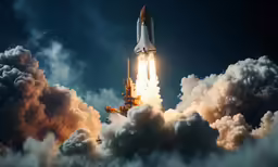a rocket is in the sky with clouds around it