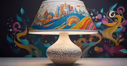 a lamp shade with an artistic theme on a table