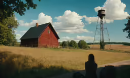 a red barn with a woman sitting outside in front