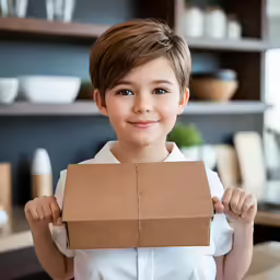 young girl in uniform holding a cardboard box