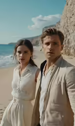 a man and a woman on a beach, the girl in white is standing next to her