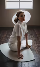 a woman sitting on top of a mat in an empty room