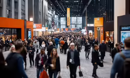 crowd of people walking around a store in a large area