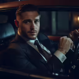 a man in a suit is driving a car