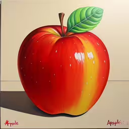 an image of an apple painted on a painting,an apple painted with acrylic on a canvas,painting of an apple painted in a bright color,an apple painting with an apple next to it,an apple painted with a single painting