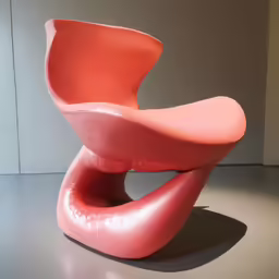 a red chair sits in front of a white wall