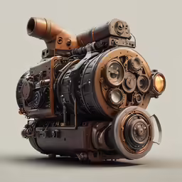 a mechanical engine on a white surface