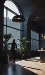 the woman is walking into a building with potted plants