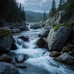 a river with lots of rocks next to trees