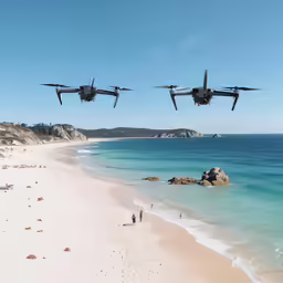 three airplanes flying low above the beach near a person