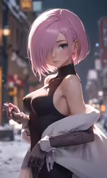 the character is wearing a pink hair and black clothes