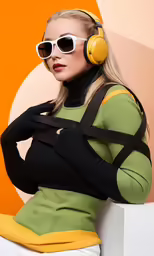 a woman wearing glasses is sitting and listening to music