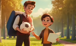 a boy and girl are standing in the park while one holds a soccer ball