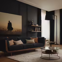 the living room has a painting of a man in a hat