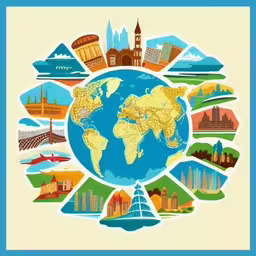 a picture of a globe with many landmarks,colorful earth with travel landmarks arranged around it
