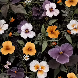 a large assortment of various colored flowers on a black background