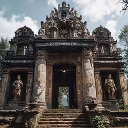 the large building has statues and architecture on it