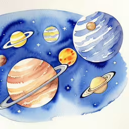 watercolor drawing of a solar system,a painting of a planet is in the middle of space