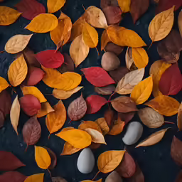 several different colored leaves and rocks with a blue background