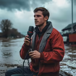 a man sitting on a log holding a camera