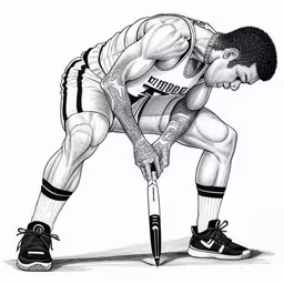 an ink drawing of a basketball player holding a basketball ball,a man holding a baseball bat on his feet,an ink drawing of a basketball player holding a ball,a drawing of a basketball player squatting in the dirt holding a basketball ball,a drawing of a basketball player with a bat in his hand
