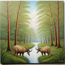 painting of two elephants in a forest with a river,two animals are in the forest with water,two bulls walk through a jungle of tall green grass,a painting of a couple of bulls in front of a forest,two animals walking through the woods by a stream