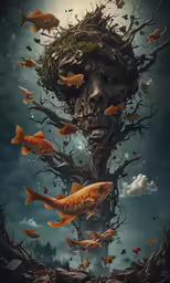 an art work of a head with an open mouth surrounded by fish