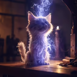 a cat sitting on a table next to a lamp