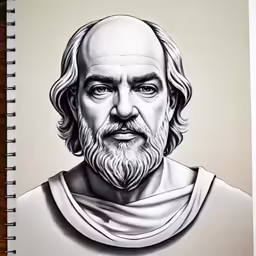 a drawing of an old man with a beard and wearing a white top