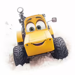 a small yellow truck with big eyes on snow